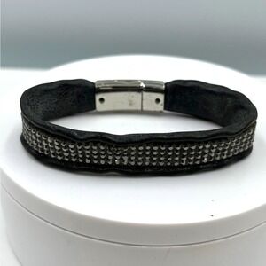 Vintage Black Leather‎ Rhinestone Bracelet Magnetic Clasp Sparkle Cuff Cassic